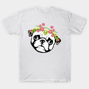 Cute face Pug + Flower crown T-Shirt